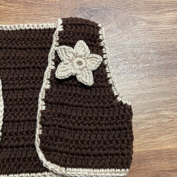 Vintage Brown Cream Floral Crocheted Vest 70s Hippie Baby Girls Size 12M Months - Picture 2 of 4